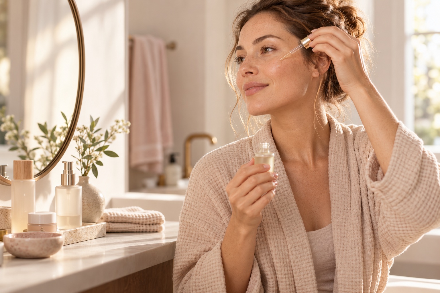 Frau trägt bei ihrer morgendlichen Beauty-Routine Gesichtsserum auf